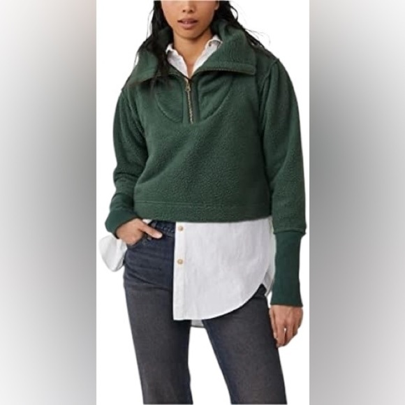 Free People Poppy Pullover- Forest Pine Sherpa Half Zip Pullover- Size Small - Picture 3 of 13